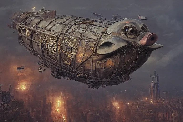 Image similar to a PIG HEAD, pig-blimp, steampunk, digital art, extremely detailed, flying over a city, greg rutkowski, cinematic