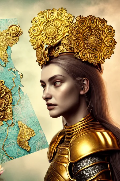 Prompt: hyperdetailed matte illustration of a female knight wearing an ornate gold headpiece and holding a flower with a map of the collective subconscious in the background by octane render