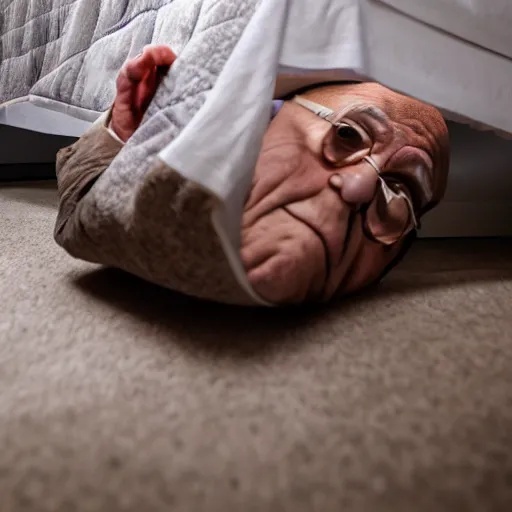 Image similar to danny devito hiding under a bed ( sony a 7 r iv, symmetric balance, polarizing filter, photolab, lightroom, 4 k, dolby vision, photography awardm, voque, perfect face )