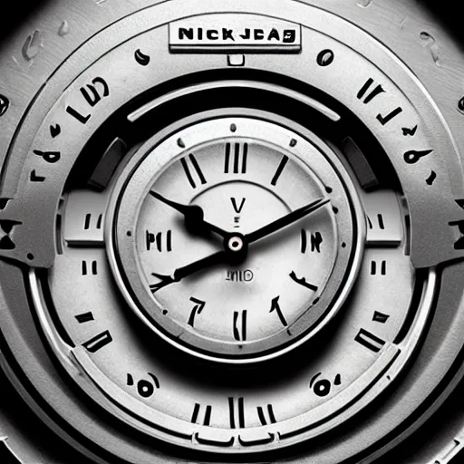 Prompt: hd ultra detailed a clock with the word 'Nick' inscribed on it and an apple by tommy ingberg