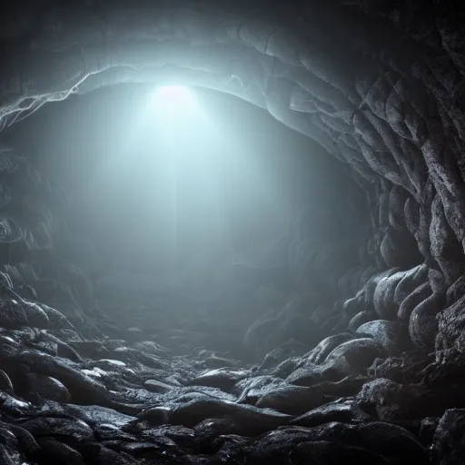 Prompt: Eldritch abomination trapped in a giant cavern with a single ray of light shining down on it, horror, dark atmosphere, gritty, 8k resolution, trending, high detail