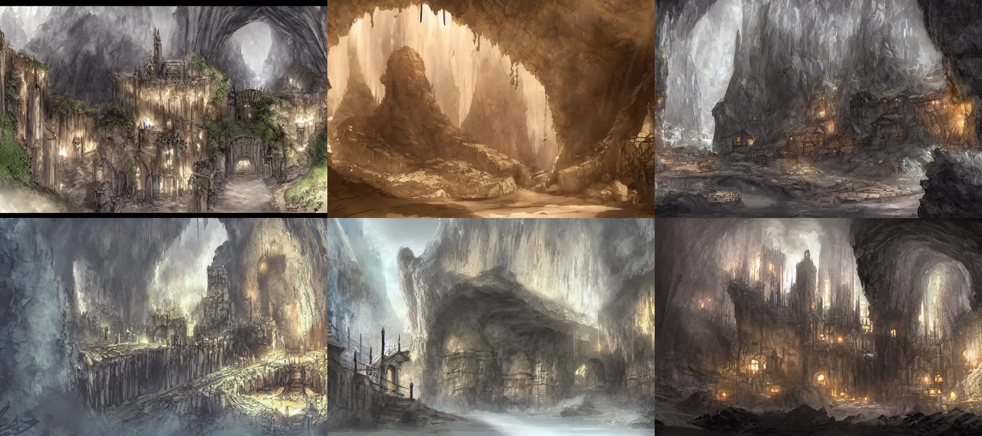 Prompt: A living medieval city hidden deep within a giant cave. Concept art, fantasy.