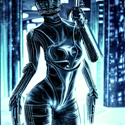 Prompt: a full body beautiful woman wearing a cyberpunk outfit by hr giger, blue eyes, weapons, electronics, high tech, cyber wear, concept art, fantasy, cyberpunk