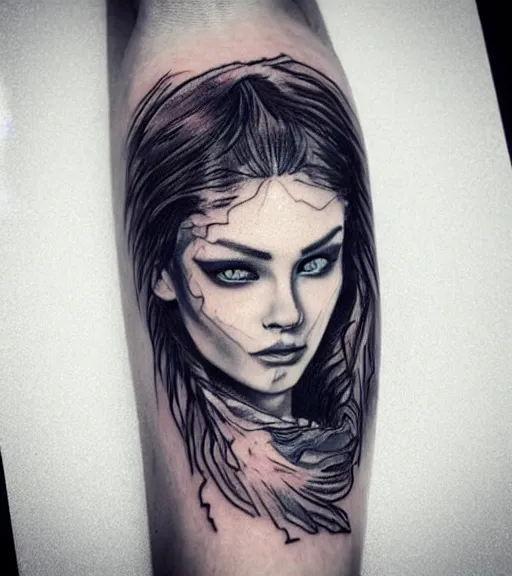 Image similar to tattoo design sketch of a beautiful blue - eyed woman face with a faded background of beautiful mountains and nature on her side, hyper - realistic, in the style of den yakovlev, amazing detail, black and white