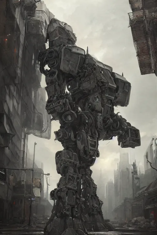 Image similar to ultra realist and ultra intricate detailed soft painting of a large mecha, standing in a post-apocalyptic street, sensual gloomy style, volumetric clouds, artstation, unreal render, depth of field