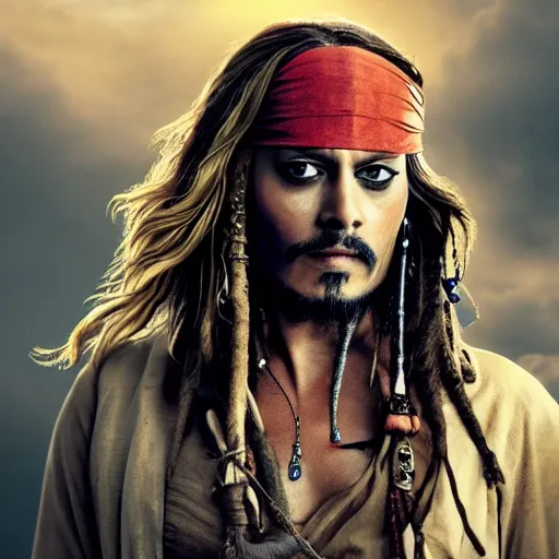 Image similar to margot robbie as jack sparrow with a parrot on the shoulder, realistic portrait, 8k resolution, hyper detailed, studio lighting, cinematic