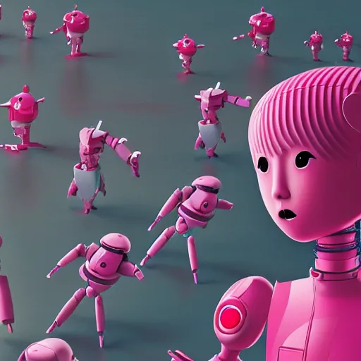 Image similar to a japanese woman battles pink robots, illustrated, detailed, 4 k