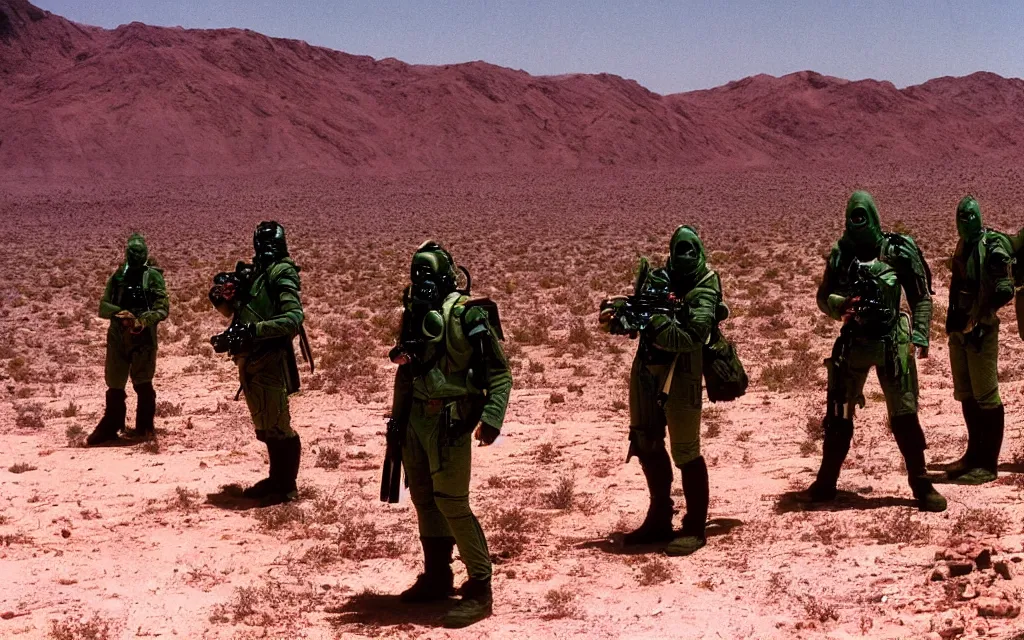 Prompt: a team of five people in dark green tactical gear like death stranding and masks, look at a desert oasis in the distance. They 're afraid. dusty, red, mid day, heat shimmering, 35mm film