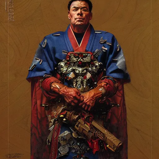 Image similar to the doomslayer wearing a kimono, art by norman rockwell and donato giancola and greg rutkowski,