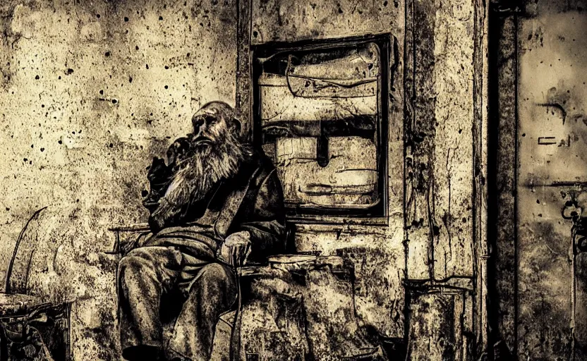 Prompt: ancient old man sleeping inside, mech, ww 3, resting, gritty, apocalyptic, poster