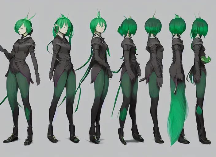 Image similar to character sheet for a beautiful and cute girl for genshin impact by greg rutkowski, black to light green fade hair, genshin impact style, sorcerer magic witch, by studio ghibli, digital art, trending on artstation, hd, 8 k, highly detailed, good lighting, beautiful, masterpiece