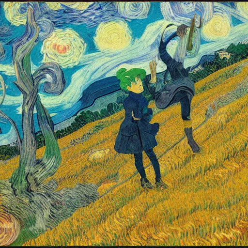 Prompt: A painting combining the styles of Hiroo Isono, Frank Frazetta, and Vincent Van Gogh