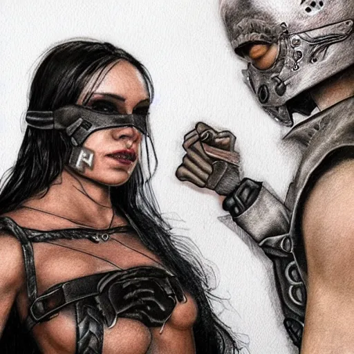 Image similar to Hot young woman, grey skin, tattoos, wearing leather and cuddling a humanoid in shroud and mask concept art