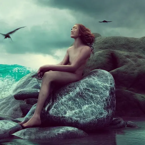 Image similar to Tom Hiddlestone as a beautiful mermaid sitting on a rock in the middle of a stormy ocean, watching the seagulls flying above him, hyperrealistic, hyperdetailed, depth of field, High definition, 8k, octane render, artstation