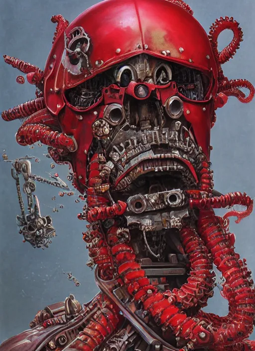 Image similar to portrait of rotten Nicolas Cage as adeptus mechanicus in red hood and robe from Warhammer 40000, mechanical tentacles. Highly detailed, artstation, illustration by and John Blanche and zdislav beksinski and wayne barlowe