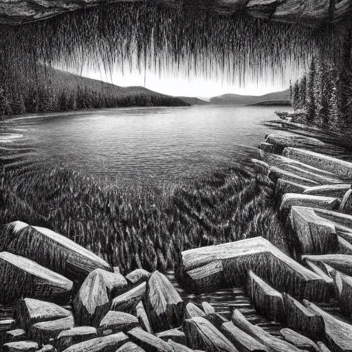 Image similar to lago di sorapis, hyper - realistic black and white drawing, hyper detailed, extreme long shot, in the style of den yakovelv