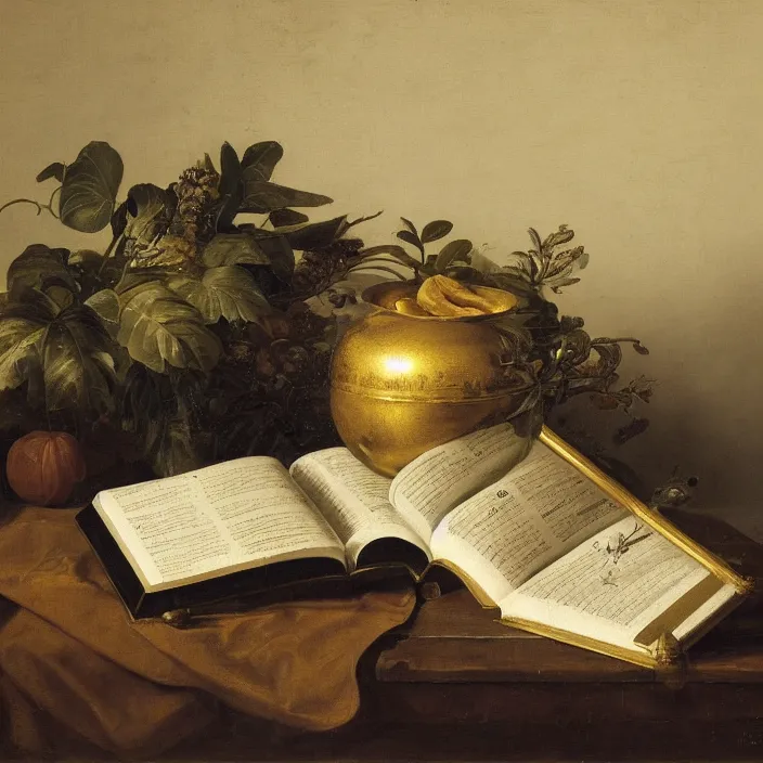 Prompt: still life painting of large book and greenery by pieter claesz, oil on canvas, strong lighting, highly detailed, hyper realism, golden hour, god rays, hd, 4 k