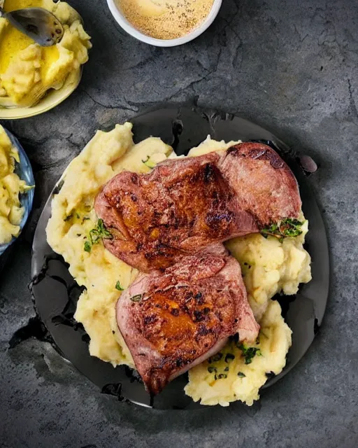 Image similar to porkchops and mashed potatos on the new razer gaming LED plate, HD, trending on artstation, instagram post, LED