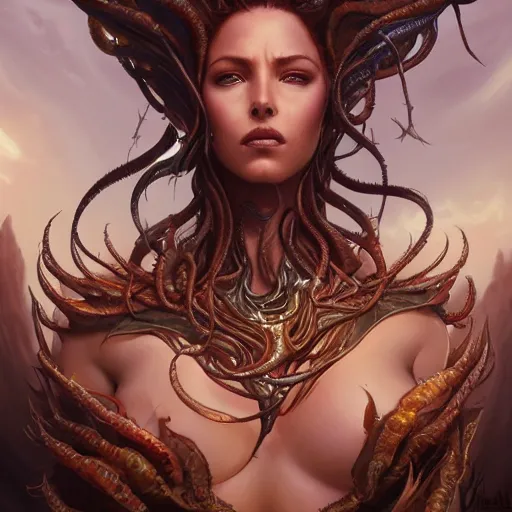 Image similar to Closeup of realistic Kerrigan queen of blades, fantasy, intricate, elegant, highly detailed, digital painting, artstation, concept art, matte, sharp focus, illustration, hearthstone, art by Artgerm and Greg Rutkowski and Alphonse Mucha