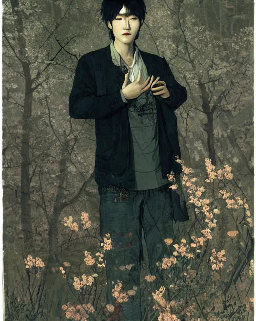 Image similar to a beautiful but creepy young korean man in layers of fear, with haunted eyes, violence in his eyes, wearing a punk outfit, 1 9 7 0 s, seventies, delicate embellishments, a little blood, woodland, moonlight shining on wildflowers, painterly, offset printing technique, by alexandre cabanel