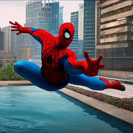 Prompt: fat spider - man falling into a large pool in the middle of a busy city, ultra realistic, hd, 8 k