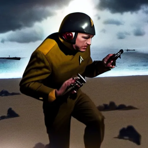 Image similar to captain j. kirk from star trek storming the beaches of normandy on d - day. film still, ultra realism, dramatic lighting, action pose, zeiss lens, canon eos, artstation, dynamic pose, redshift, octane