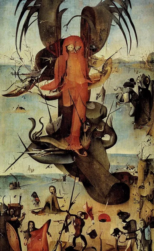 Prompt: a propaganda shitpost featuring a biopunk phoenix by Hieronymus Bosch