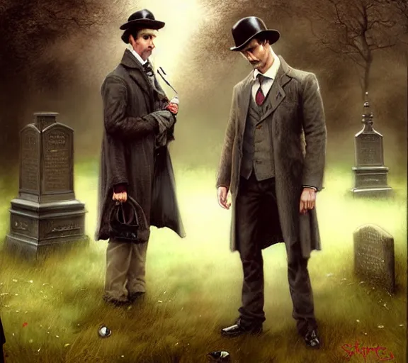 Image similar to sherlock holmes standing in a graveyard, soft colours, detailed, digital art, hd, by tom bagshaw, by fintan magee, by raymond swanland, by sherree valentine daines