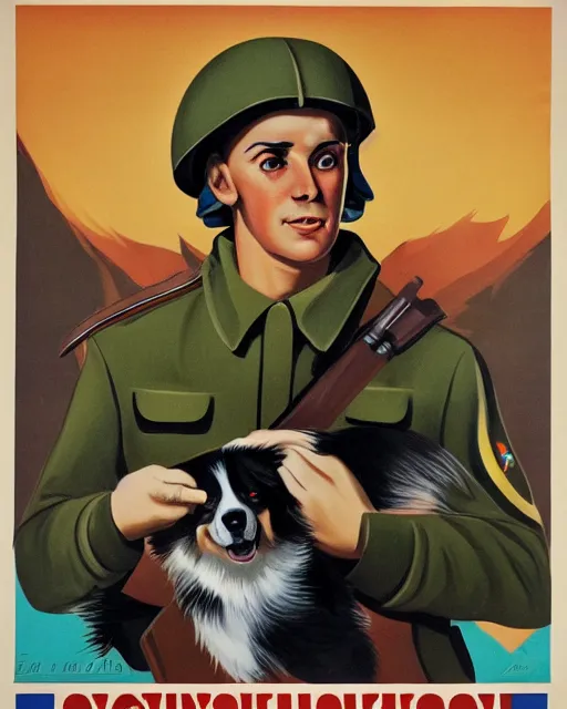 Image similar to soviet propaganda poster of an australian shepherd soldier, soviet art