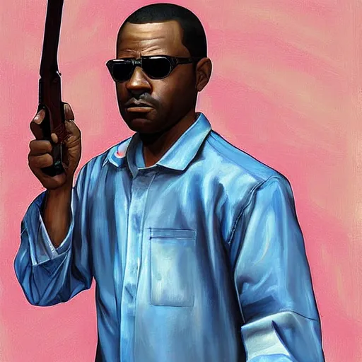 Prompt: a beautiful complex painting of cj from gta san holding a weapon