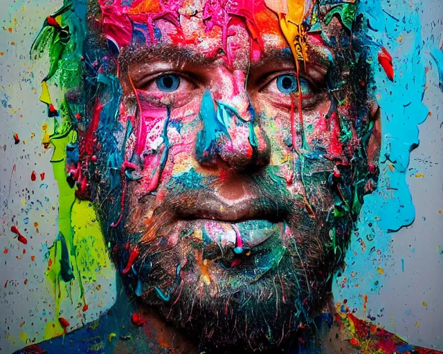 Prompt: abstract expressionist portrait of a head made of very thick impasto paint and acrylic pour and coloured powder explosion and splashing paint and dripping paint and flying paint chunks, art by antony micallef, motion blur, hyperrealistic, intricate art photography, anatomically correct, realistic crisp textures, 1 6 k