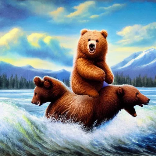Image similar to bob ross riding on the back of two bears across a river, a colorized photo by bob ross, shutterstock contest winner, fantastic realism, bob ross, national geographic photo, majestic
