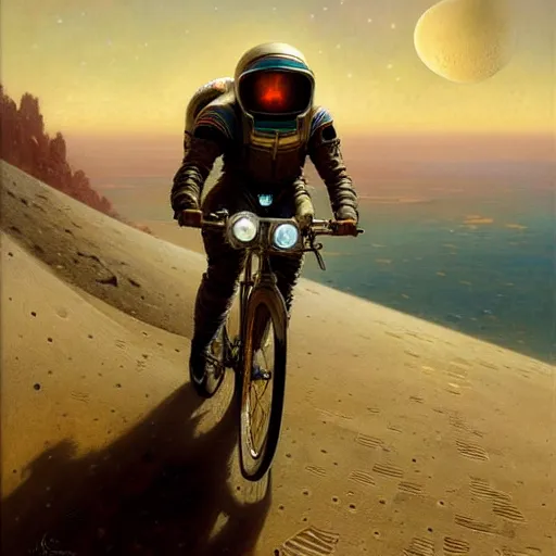 Image similar to a squid riding bicycle on the moon. highly detailed painting by gaston bussiere, greg rutkowski, j c leyendecker 8 k