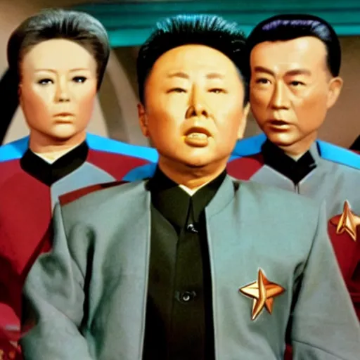 Prompt: A still of Kim Jong Il in Star Trek, colour photo