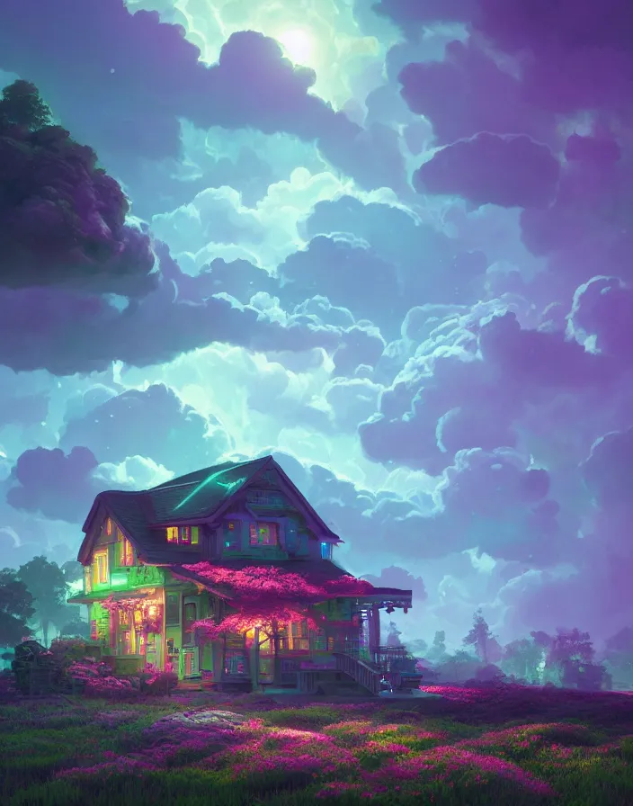 Prompt: IN THE CLOUDS, flowery cottage, solar, green technology, optimist future by Asher Durand, intricate artwork by Tooth Wu and wlop and beeple and dan mumford and greg rutkowski and nekroxiii. halo. octane render, cinematic, hyper realism, octane render, 8k, depth of field, bokeh. iridescent accents. vibrant.