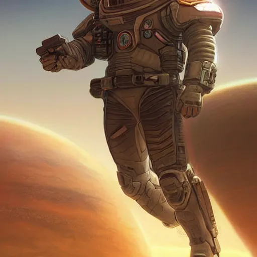 Image similar to space soldier on mars with space city is seen in the background, with surrounding floating islands, a highly detailed, digital painting, artstation, concept art, matte, sharp focus, illustration, art by artgerm and greg rutkowski