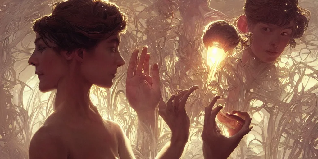 Image similar to too many hands, gnarled, so many hands, fingers, weird amount of hands, intense lighting, light beams, lens flare, intricate, elegant, highly detailed, digital painting, artstation, concept art, smooth, sharp focus, illustration, art by artgerm and greg rutkowski and alphonse mucha