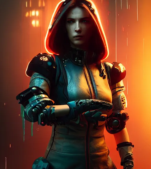 Prompt: cyberpunk 2 0 7 7, charismatic rugged female battle - mage portrait, clothed in hooded, metal - plated battle armour atmospheric lighting painted intricate volumetric lighting, beautiful, sharp focus, ultra detailed by leesha hannigan, ross tran, thierry doizon, kai carpenter, ignacio fernandez rios