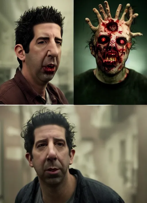 Image similar to david schwimmer becomes a zombie, face enhance, realistic, shaun of the dead, izombie, ultra detailed, octane render, lovecraftian, horror, dead space, the walking dead