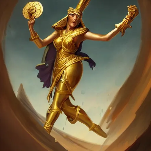 Prompt: Athena of Abyssinia in gold, defeats Chronos with throwing disc, by Peter Mohrbacher:5 Trending on Artstation:5