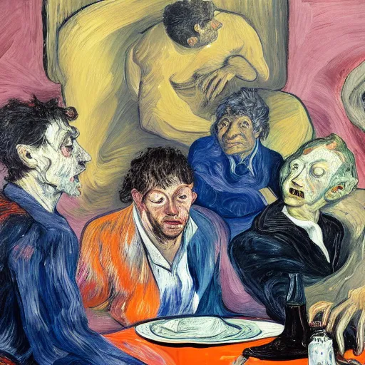 Prompt: high quality high detail expressionist painting of a man in agony by lucian freud and jenny saville and francis bacon and francisco goya and vincent van gogh, hd, anxiety, seated at table with friend in a living room crying and screaming, turquoise and purple and orange and pink