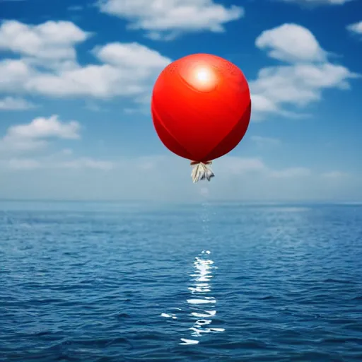 Image similar to a fish floating away from the sea tied to a ballon