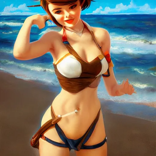 Image similar to pinup art of tracer from overwatch in a beach, artwork by alfred stevens