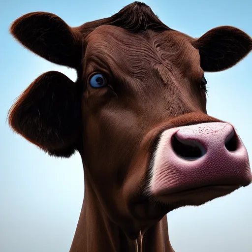 Image similar to portrait of a cow with the face of a man, hyper detailed, digital art, trending in artstation, cinematic lighting, studio quality, smooth render, unreal engine 5 rendered, octane rendered, art style by klimt and nixeu and ian sprigger and wlop and krenz cushart