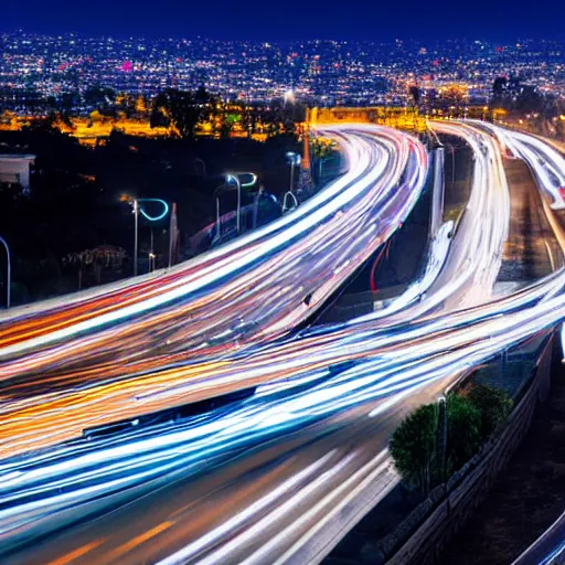 Image similar to los angeles california including interstate 5, blue hour photography, light trails, photorealistic, cinematic lighting, highly detailed