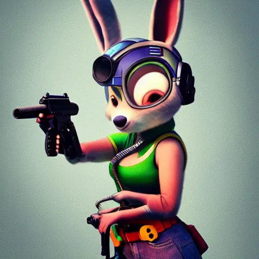 Prompt: super cute cyberpunk female bunny, holding a gun, pixar, zootopia, cgi, trending on artstation