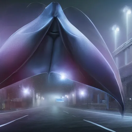 Image similar to cgi hyperintelligent ethereal manta ray alien from beyond the stars in the middle of a busy road, wearing an odd hooded cowl, with fairy lights inside the fabric like shimmering stars, cgi, proper anatomy, sci fi fantasy, ultrarealism, pixar, trending on artstation