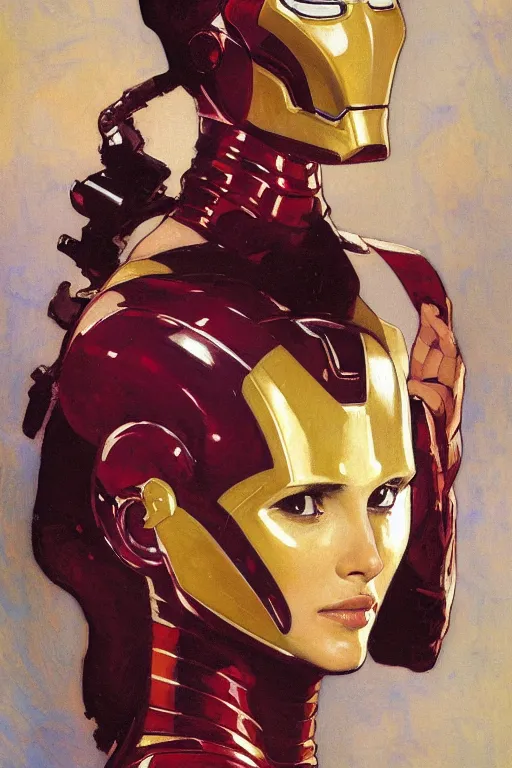 Prompt: elegant portrait of natalie portman as iron man by greg manchess, mucha, william adolphe bouguereau, john singer sargent, sorolla, winslow homer, dean cornwell, james gurney, kilin eng, ilya repin, pablo carpio