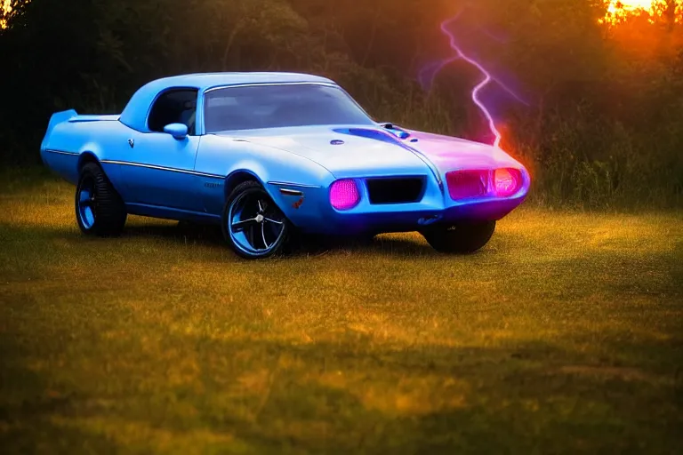 Prompt: pontiac firebird with glowing paint, sunrise, eerie light, fireflies, pokemon, pokemon, dramatic, cinematic, forest, sunbeams, volumetric lighting, wide shot, low angle, lightning hitting the car