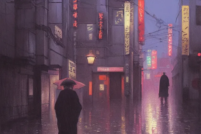 Prompt: a painting of a rain soaked back street in osaka at dusk, neon lights, dark figures walking, digital art, trending on artstation, horror, dark university aesthetic, by studio ghibli and greg rutkowski. zdzisław beksinski!!!!! spirited away. trending on artstation, hyperrealism, unreal engine